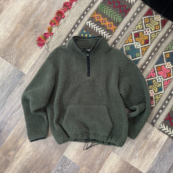 PINK Victoria's Secret Sherpa Pullover 3/4 Zip Jacket L EUC Forest Green - Picture 1 of 7